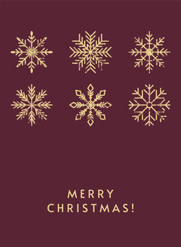 Merry Christmas greeting card. Snowflakes, grunge texture. Festive holiday design with snow flakes pattern, snow winter poster. Vintage postcard, grainy noise. Flat vector illustration typography.
