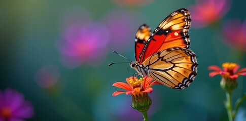 Fototapeta premium A vibrant butterfly delicately feeds on a colorful flower, its wings spread wide, showcasing intricate patterns against a soft-focus background, bloom, flora