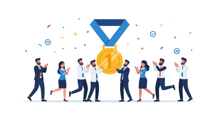 Team Celebrating Victory with Gold Medal and Confetti Achieving Success in Business