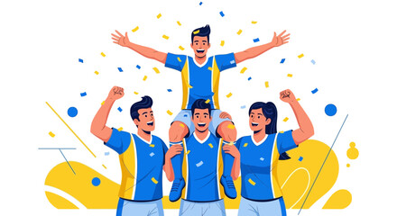 Fototapeta premium Team Celebrates A Victory, Triumphantly Holding Winner High Amidst Confetti