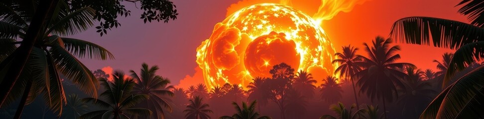 Fiery asteroid impact explodes in lush jungle, instantly igniting dense trees in a massive inferno, wildlife, blazing