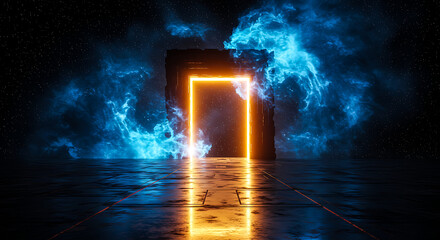 Abstract Portal to Nebula with Glowing Orange Frame: A Futuristic Gateway Concept with Dark Tiled Floor and Ethereal Space Theme for Modern Design and Interdimensional Exploration