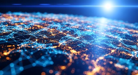 Abstract digital network globe with glowing connections and bright light representing global connectivity and technology