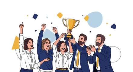 Team Celebrates Success Holding Trophy, Illustrating Achievement and Victory in Business Field