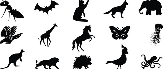 Vector art of diverse collection of animal silhouettes isolated on a