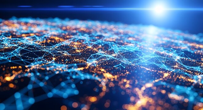 Abstract digital network globe with glowing connections and bright light representing global connectivity and technology
