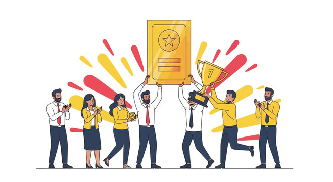 Team Celebrates Success, Gold Trophy And Award Symbolizing Victory And Achievement