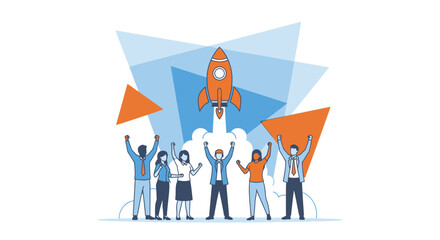 Team celebrating a successful startup launch with a rocket ship illustration design