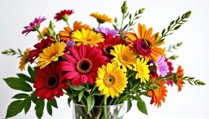 Obraz premium Vibrant bouquet of colorful flowers arranged in a clear glass vase, showcasing various blooms and greenery against a bright white background, fresh flowers, spring