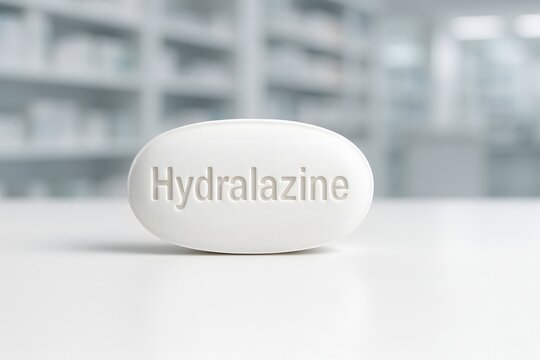 White pill labeled &ldquo;Hydralazine&rdquo; in pharmacy setting. Ideal for blood pressure awareness and World Hypertension Day (May 17).