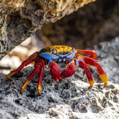 Vibrant crab resting in a rocky crevice