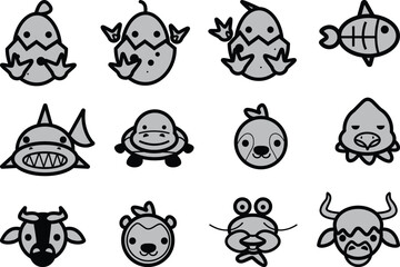 Vector art of set of monochrome cartoon animal faces, including shark, turtle, and cow, with baby chick hatching