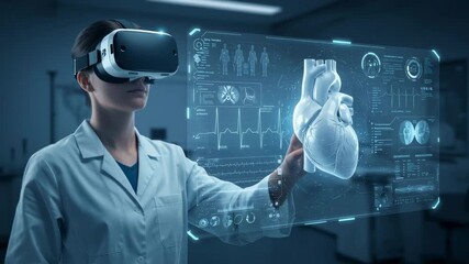 Woman wearing virtual reality glasses interacts with human anatomy hologram heart in medical research lab footage. - Powered by Adobe