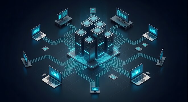 Futuristic digital network connecting multiple laptops and servers with glowing blue data streams and abstract geometric shapes