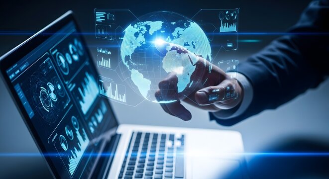 Businessman in dark suit interacts with glowing futuristic digital globe on laptop screen with data streams