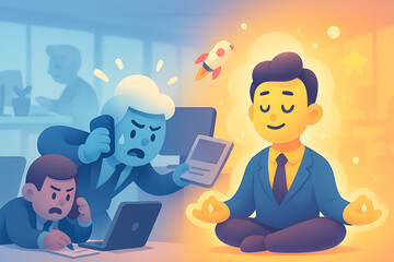 Cartoon businessman meditating for stress relief and mental balance at workplace