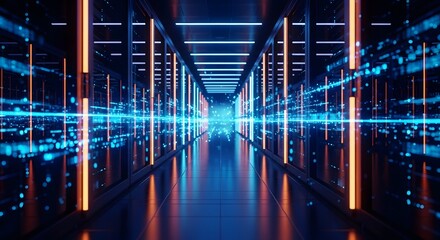 Futuristic glowing digital data center corridor with blue and orange neon lights and abstract data streams