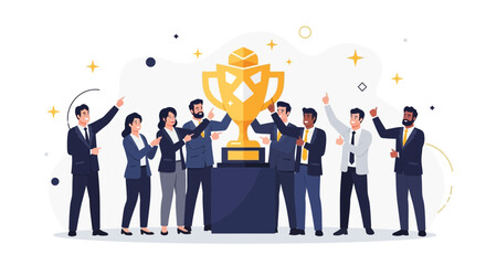 Team celebrating success with a trophy, business concept for achievment and victory