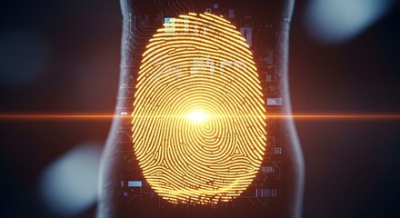 Glowing golden fingerprint with digital data streams and light flares symbolizing biometric security and personal identification