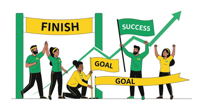 Team celebrating success reaching the finish line and achieving their goals in a graphic illustration