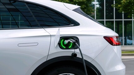 Fototapeta premium White electric car charges with a bright green light in its port.
