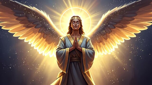 Angel woman with glowing wings and halo transitions to prayer stance for spiritual, religious, or inspirational motion graphics footage.