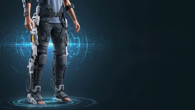 A man walking with an advanced exoskeleton medical device for rehabilitation support and enhanced mobility, animation