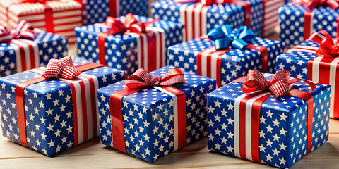 A collection of beautifully wrapped gift boxes in red, white, and blue, featuring stars and stripes. They are arranged together, perfect for a festive occasion