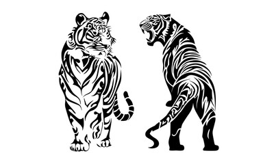 two stylized tiger silhouettes with tribal patternsanimal, bengal tiger, black, illustration, profile, stand, tiger, white 