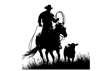 a silhouette of a cowboy on a horse with a lasso and a cow in a grassy fieldanimal, bull, calf, cowboy, cowboy hat, horse, horseback, lamb, lasso, man, profile, ride, rodeo, rope, sheep, sun hat  © Guli Studio