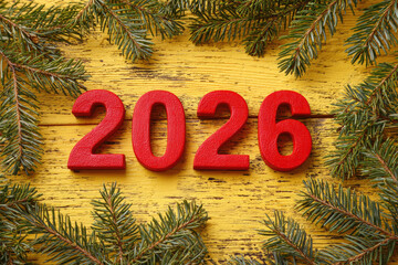 on a yellow wooden background, the numbers 2026 are red in the center, surrounded by spruce branches
