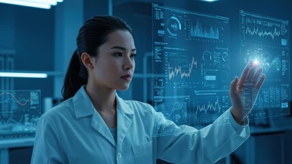 Asian woman doctor analyzing medical data on futuristic holographic screen. Innovative healthcare technology and research footage. - Powered by Adobe