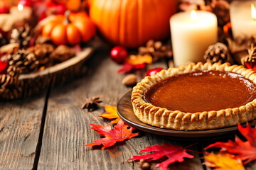 Thanksgiving dessert display featuring pumpkin pie, autumn decorations, and warm candlelight