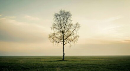 Obraz premium Solitary Single Tree on a Grassy Plain Under a Pale Sky Minimalist Composition