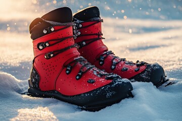Bright red ski boots resting on pristine snow under soft winter lighting