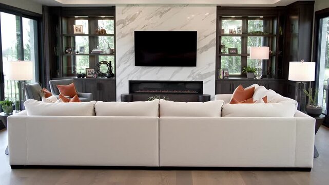 Modern Living Room With Beige Sectional Sofa And Dark Brown Built Ins And Electric Fireplace