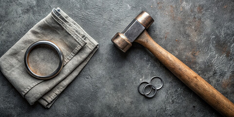 A wooden hammer rests next to two silver rings and a larger metal ring on a grey stone surface. A folded linen cloth is placed nearby, creating a crafting scene