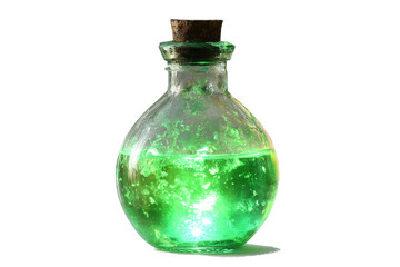 Glass bottle with green liquid a potion or poison isolated on white background