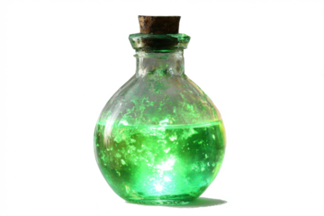 Glass bottle with green liquid a potion or poison isolated on white background