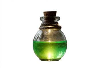 Green potion in a glass bottle with cork isolated on white background for fantasy or alchemy concepts