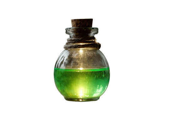 Green potion in a glass bottle with cork isolated on white background for fantasy or alchemy concepts
