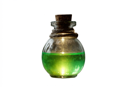 Green potion in a glass bottle with cork isolated on white background for fantasy or alchemy concepts