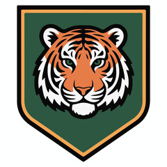 Fierce tiger head emblem with green shield and orange outline for sports teams or mascot