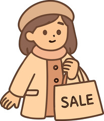 A cute cartoon illustration of a woman in a beige coat and beret holding a blank shopping bag, drawn in warm tones with a cozy flat vector style and clean outlines.