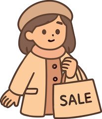 A cute cartoon illustration of a woman in a beige coat and beret holding a blank shopping bag, drawn in warm tones with a cozy flat vector style and clean outlines.
