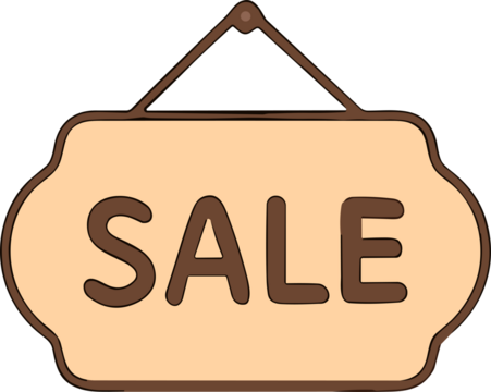 A cute flat vector illustration of a hanging sale sign with the word “SALE” in bold brown letters on a beige background, designed in a simple and friendly minimal style.