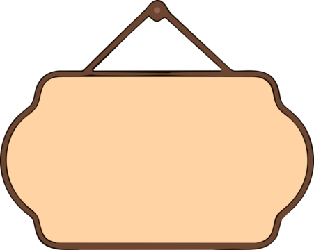 ChatGPT сказA cute flat vector illustration of an empty hanging signboard with a beige background and brown outline, designed in a simple minimal style ready for custom text or decoration.