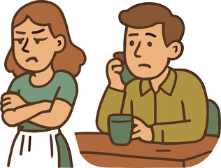 A cute cartoon illustration of a couple having an argument, showing a woman with crossed arms and a man holding a cup looking sad, drawn in warm tones with a flat vector style.