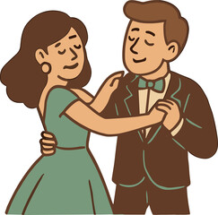 A cute cartoon illustration of a couple dancing together with closed eyes and gentle smiles, drawn in warm tones with a cozy flat vector style and clean outlines