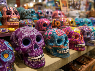 Fototapeta premium Colorful sugar skull on a traditional Day of the Dead altar with marigold flowers, candles, and decorations, celebrating Día de los Muertos in Mexico. 